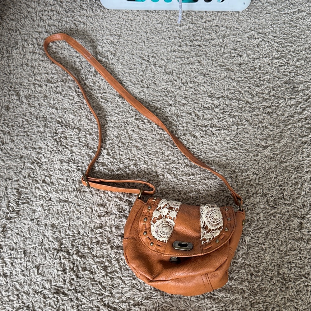 Tan Crossbody Bag with Lace Accents